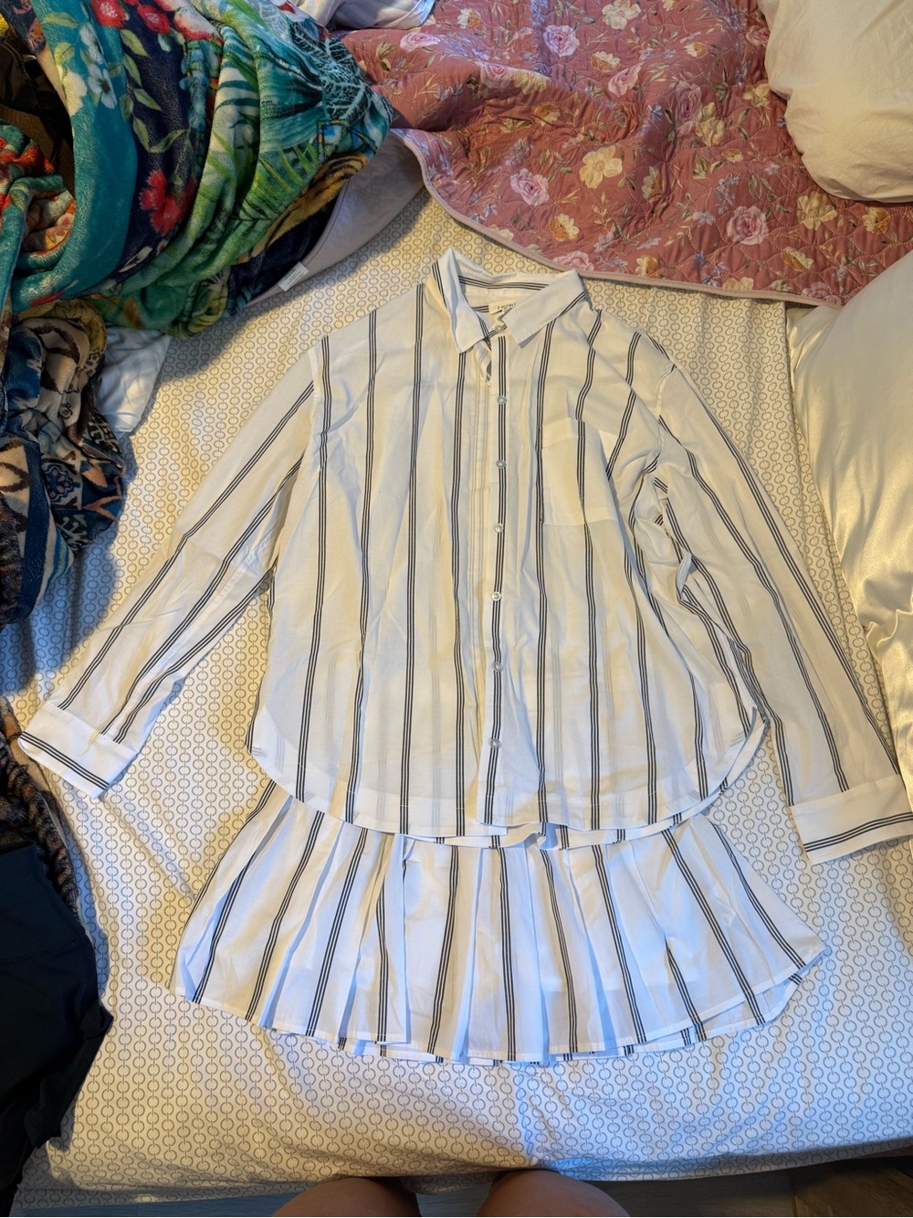Z Supply Women’s White and Navy Striped Button-Up Top with Matching Skirt